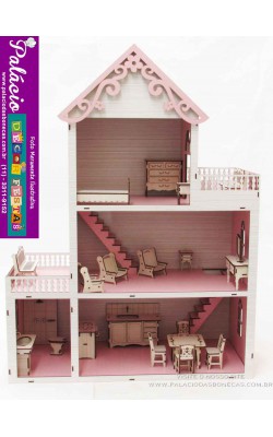 CASA DE BONECA PEQUENA ROSA/BRANCO COM 20 MOVEIS BRANCO A LASER